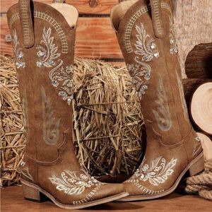 Wide Calf Knee High Western Cowgirl Boots, Rhinestones With Classic Embroidery